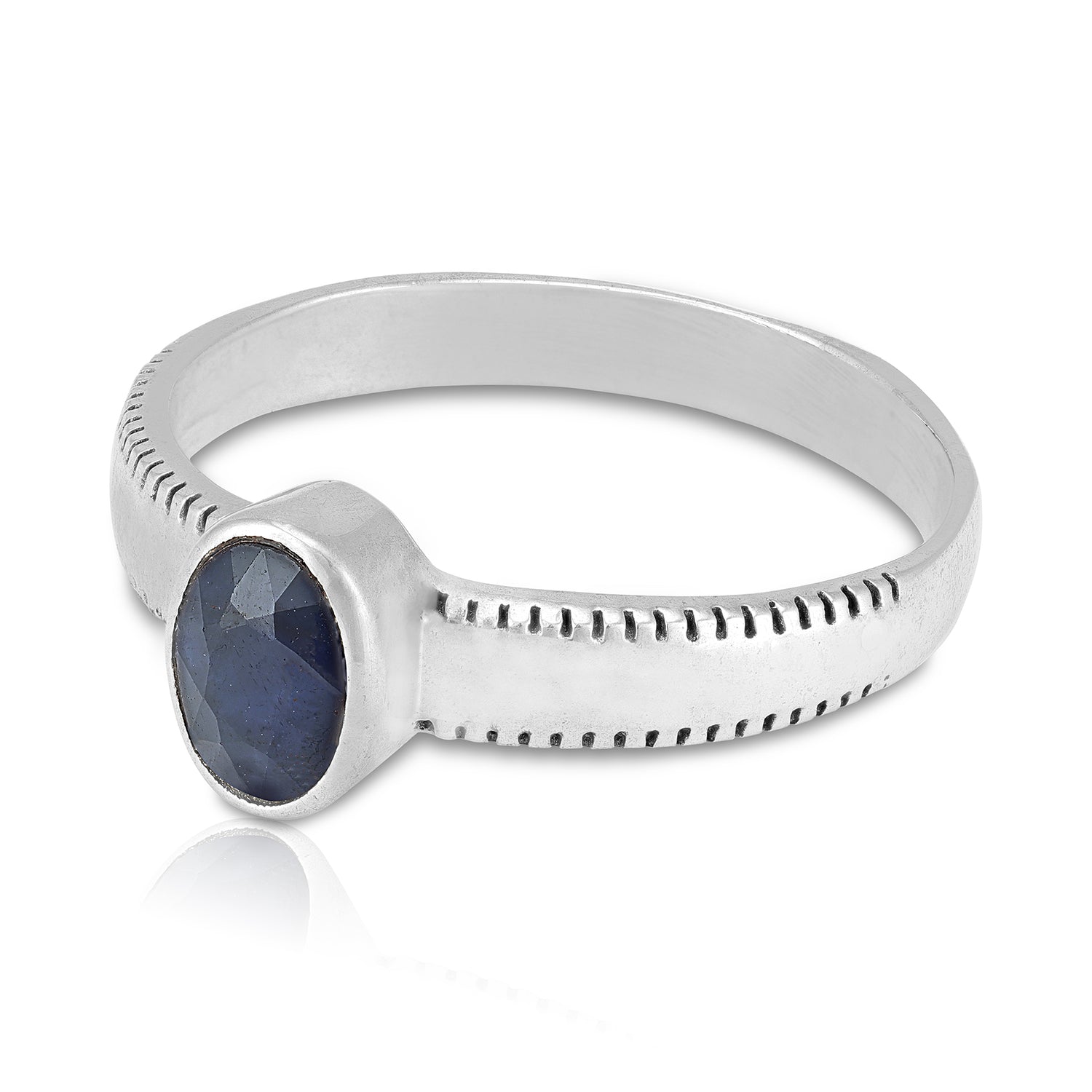 925 Sterling Silver Deep Blue Oval Sapphire Subtle Bead-Trimmed Band Ring for Men