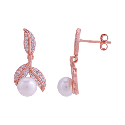 925 Sterling Silver Delicate Leaf Motif Rose Gold Centered Pearl Earrings for Women