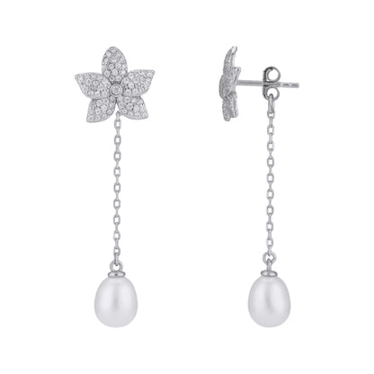 925 Sterling Silver Delicate Star Chain Link Pearl Drop Earrings for Women
