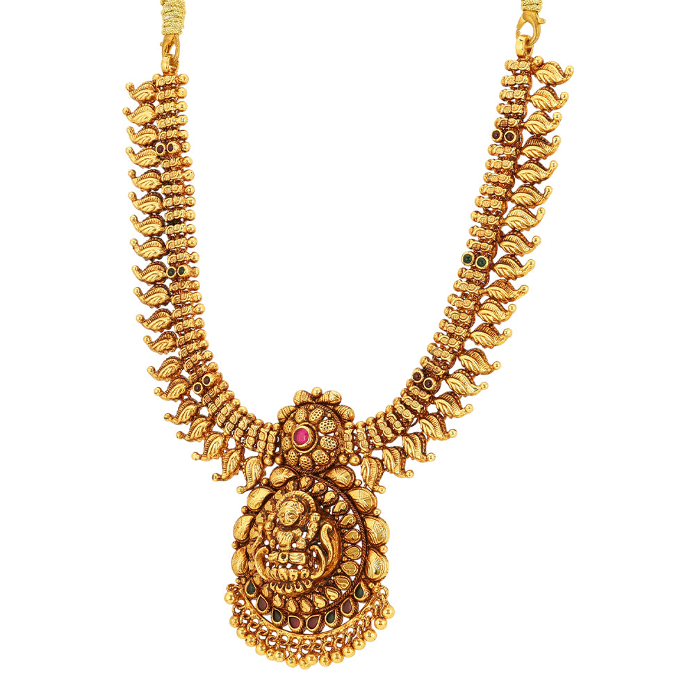 925 Sterling Silver Divine Lakshmi Gold Plated Leaves Sides Necklace For Women