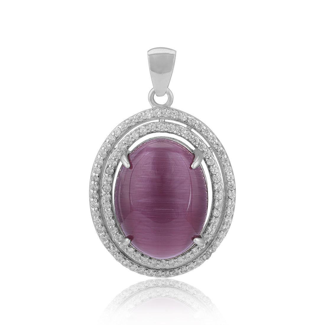 925 Sterling Silver Double Halo Pink Onyx  Eye Oval Stone Pendant for Women