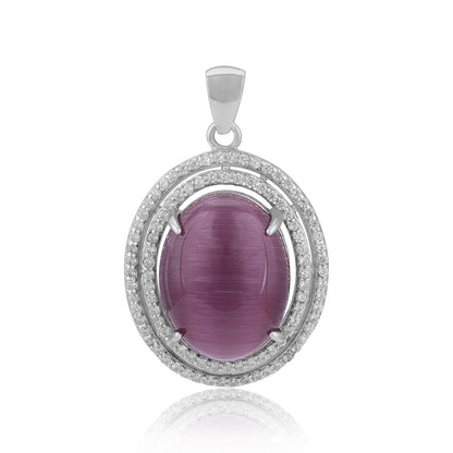 925 Sterling Silver Double Halo Pink Onyx  Eye Oval Stone Pendant for Women