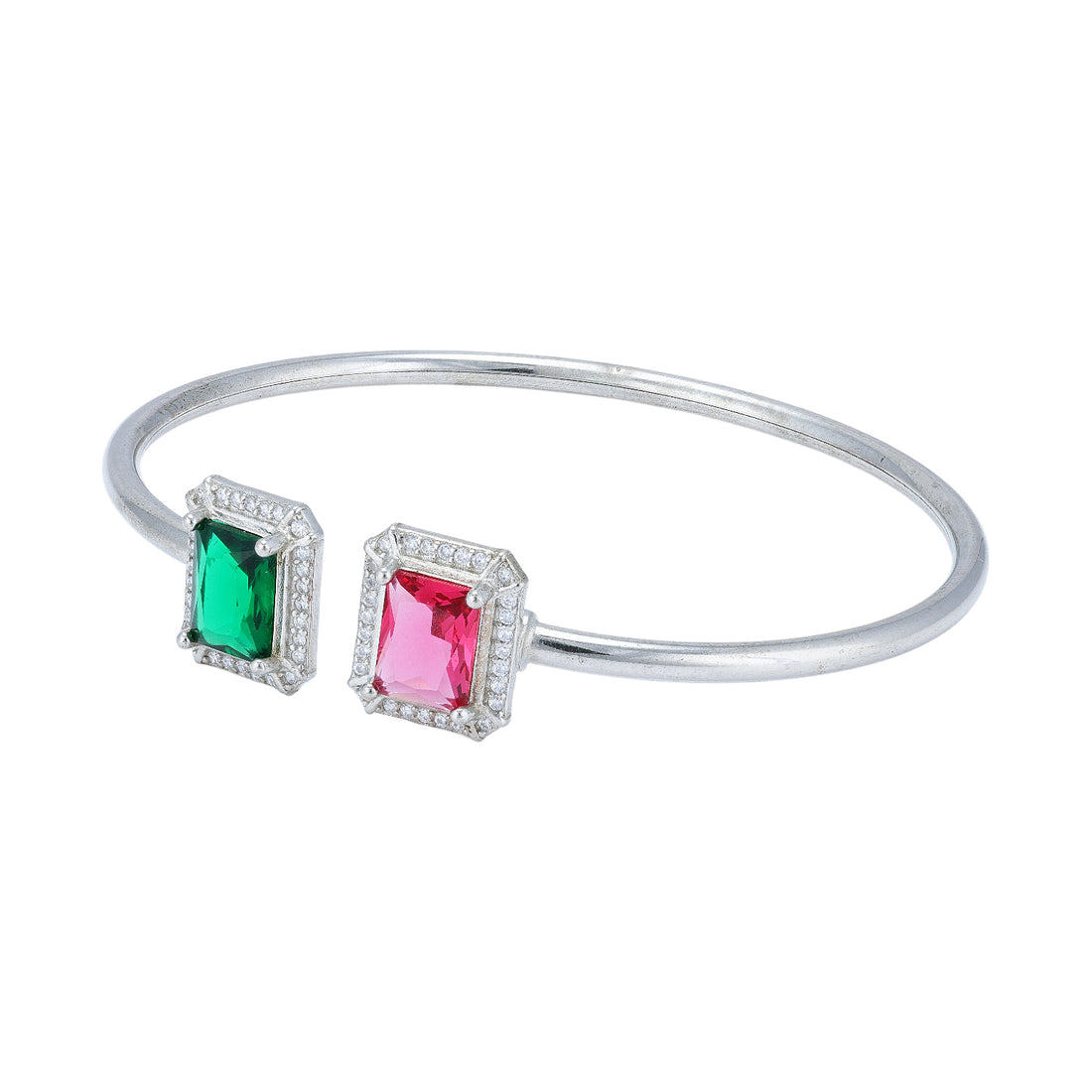 925 Sterling Silver Dual Emerald-Cut Pink Stone Rhodium Plated Open Bracelet for Women