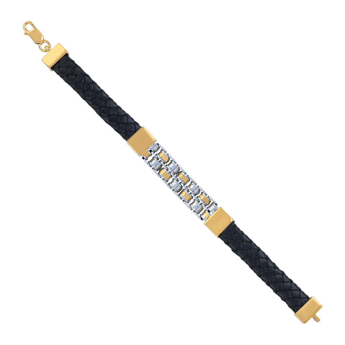 925 Sterling Silver Dual Tone Grid Link Jet Black Leather Weave Bracelet for Men