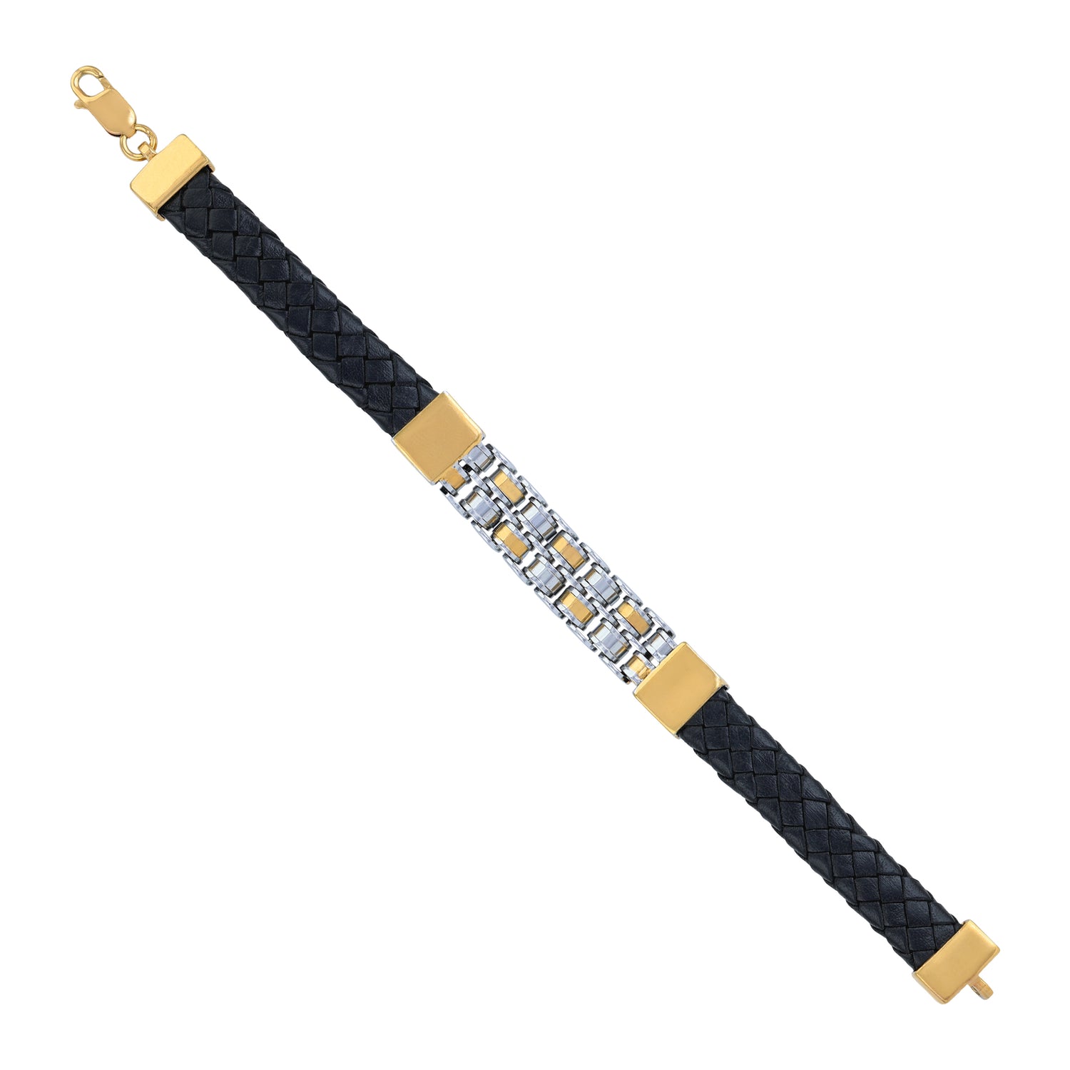 925 Sterling Silver Dual Tone Grid Link Jet Black Leather Weave Bracelet for Men