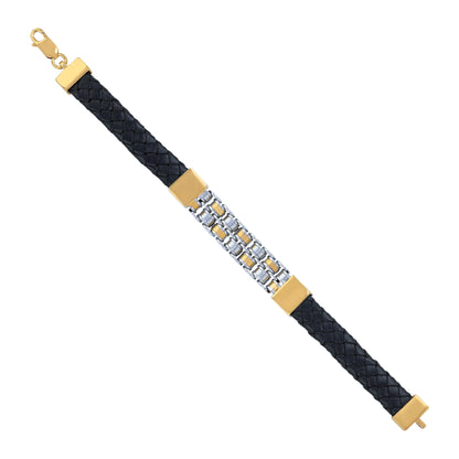 925 Sterling Silver Dual Tone Grid Link Jet Black Leather Weave Bracelet for Men
