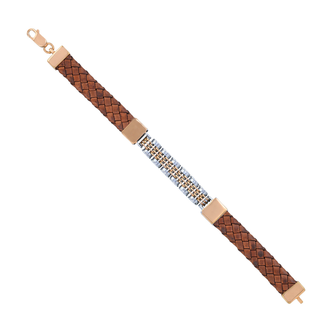 925 Sterling Silver Dual Tone Mesh Link Textured Brown Strap Bracelet for Men