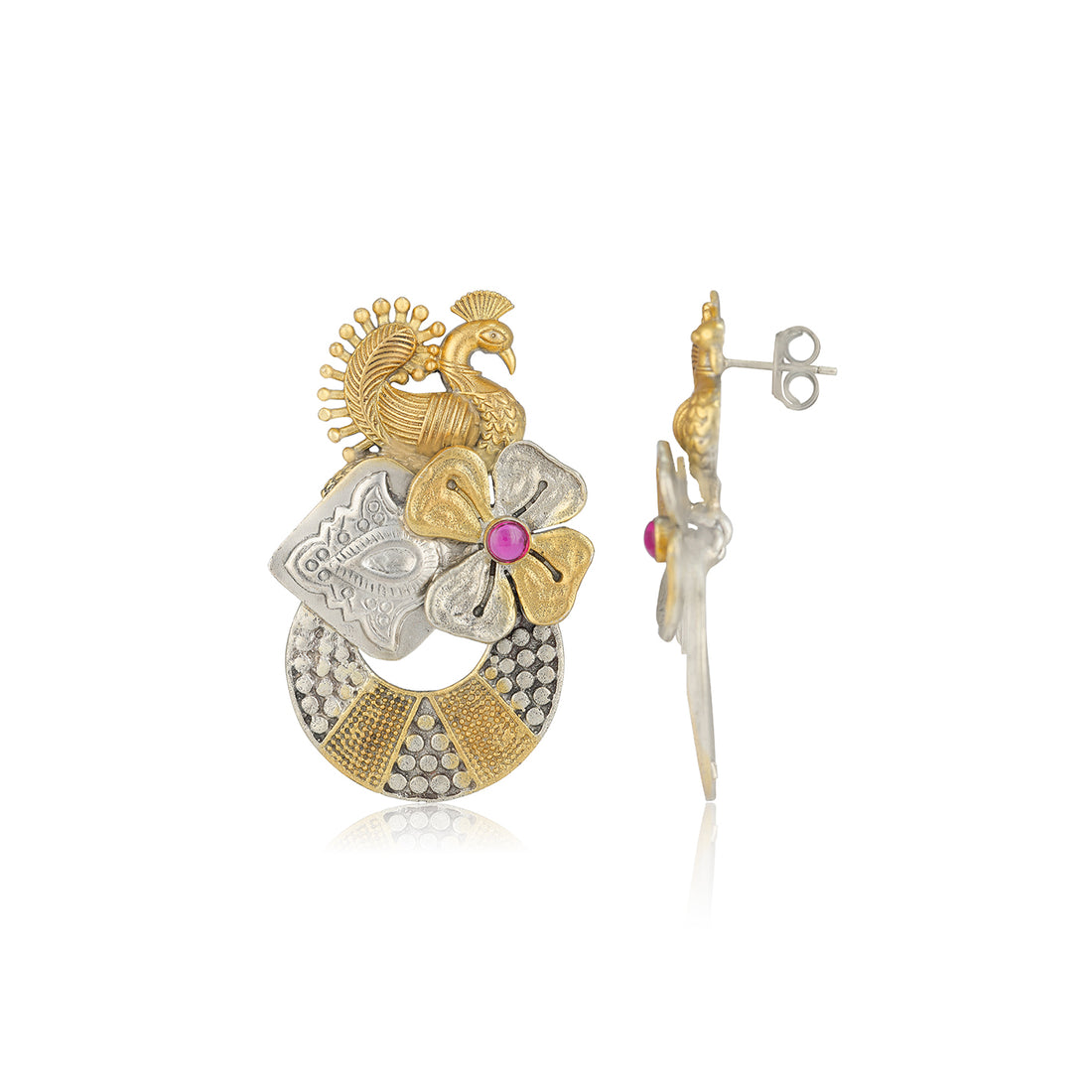 925 Sterling Silver Dual Tone Peacock Center Pink Flower Earrings for Women