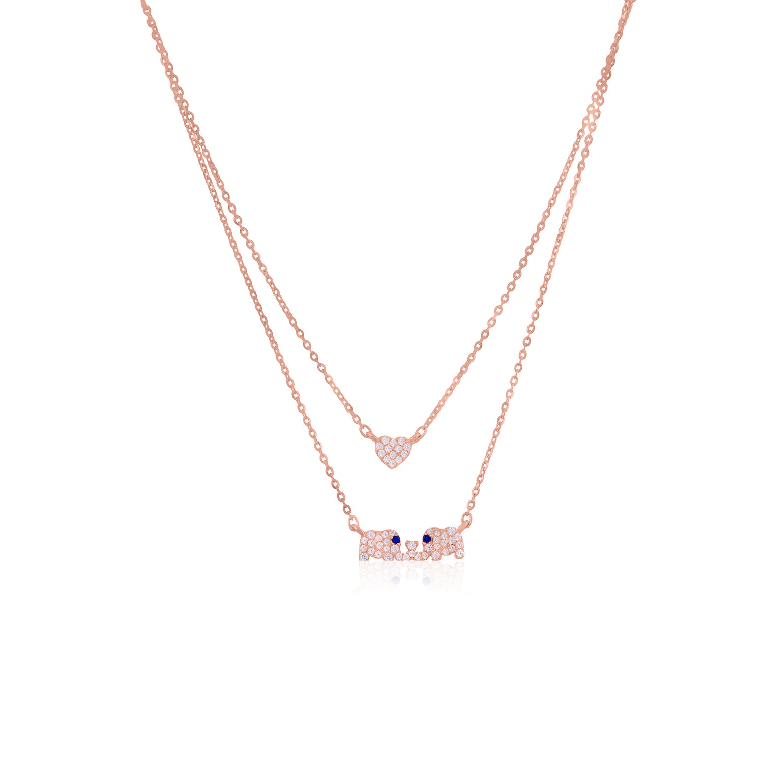 925 Sterling Silver Dual Trunk  Love Heart Rose Gold Plated Layered Pendant Chain