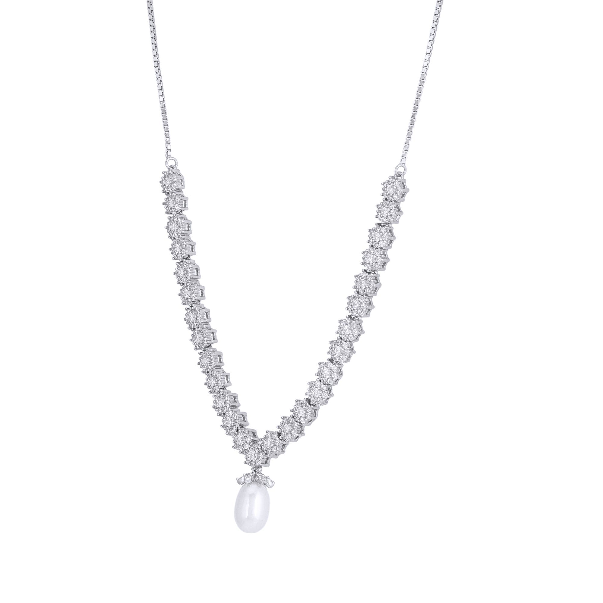 925 Sterling Silver Embellished Blossom Hanging White Pearl Necklace for Women
