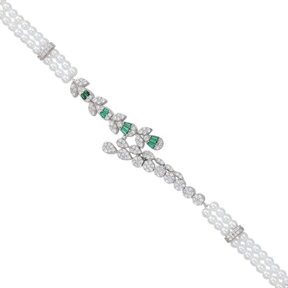 Sterling Silver Emerald Bloom Floral Pearl Bracelet For Women