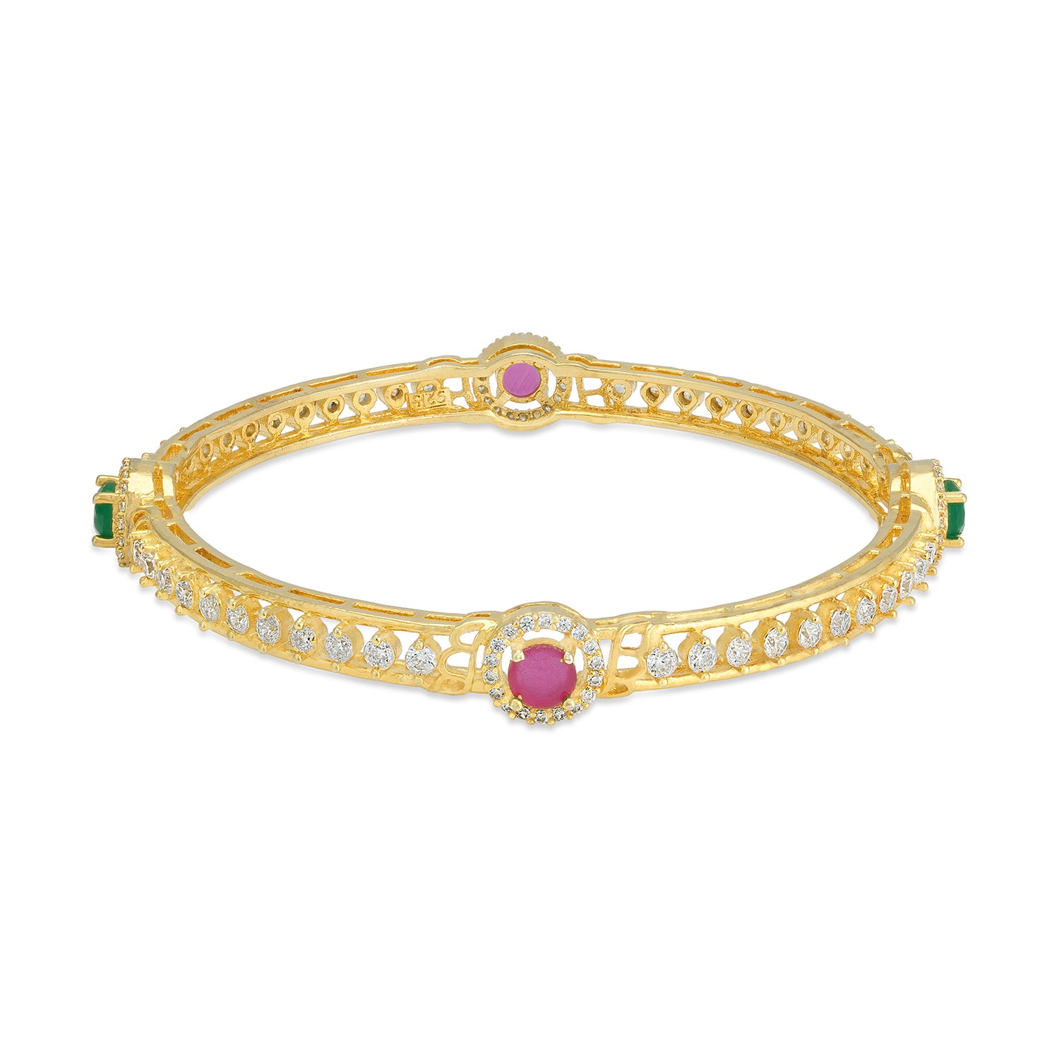 925 Sterling Silver Emerald Center Traditional Gold Plated Bangle for Women