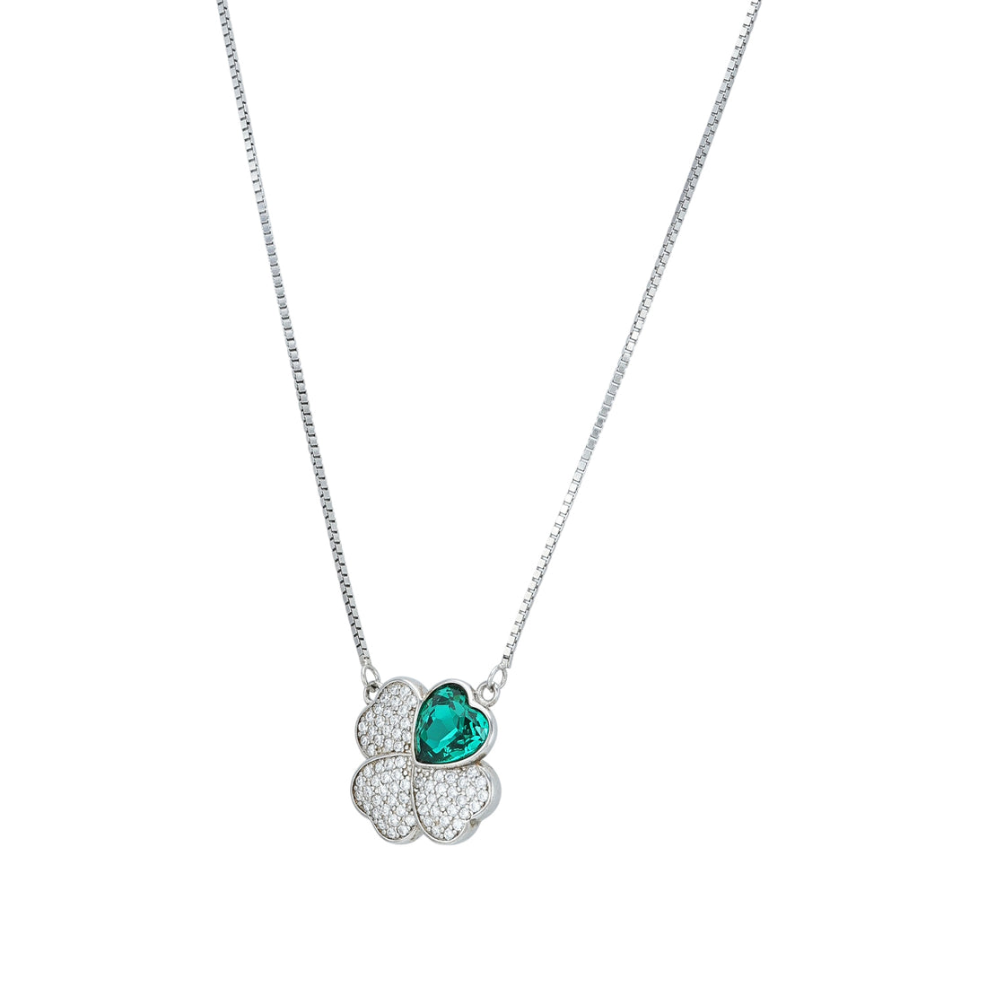 925 Sterling Silver Emerald Heart Clover Asymmetrical Petal Chain Pendant for Women