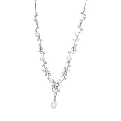 925 Sterling Silver Fairy Whirl Pearl Crystal Blooms Whimsical Curves Necklace for Women