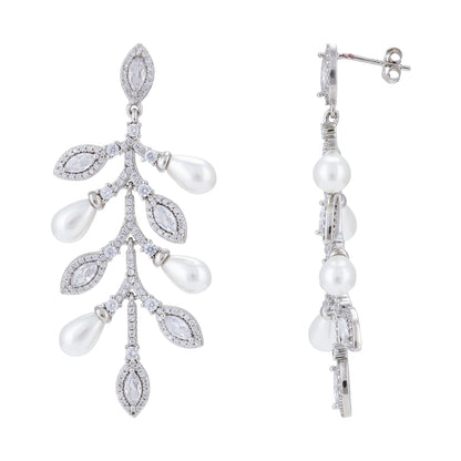 Sterling Silver Falling Petals Stone Pearl Rhodium Plated Earrings For Women