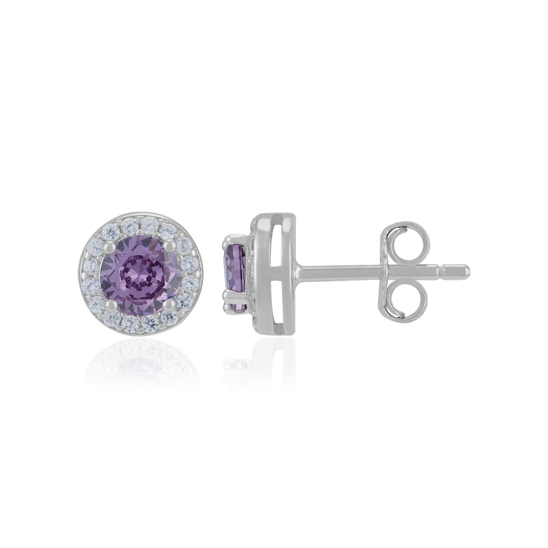 Sterling Silver February Month Circle Amethyst Birthstone Stud For Women