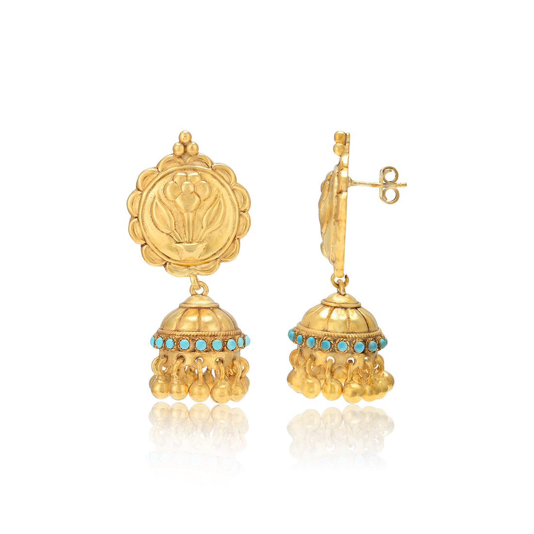 Sterling Silver Floral Coin Top Blue Beads Gold Plated Jhumka For Women