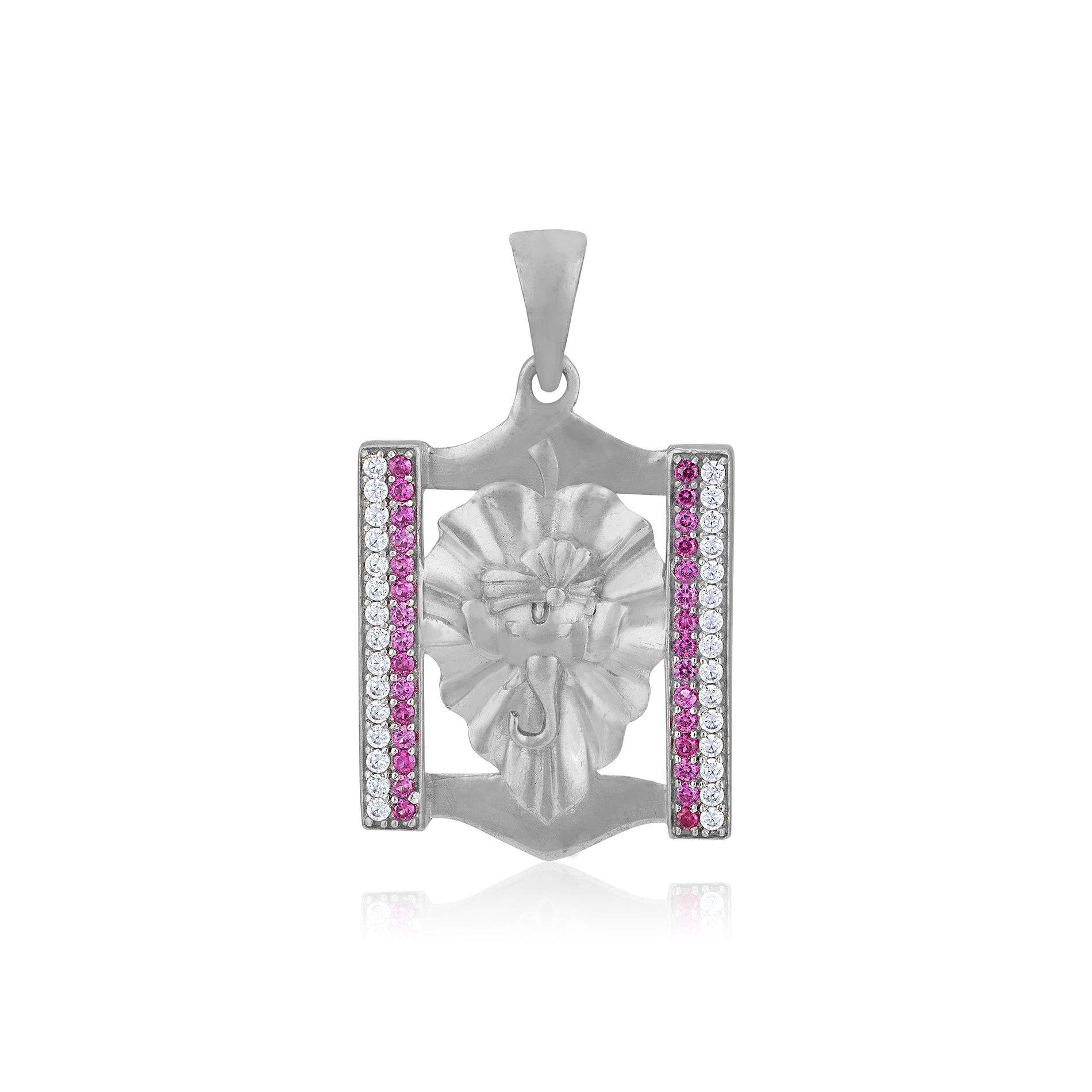925 Sterling Silver Floral Ganesha Center Ruby Frame Rhodium Plated Pendant for Women