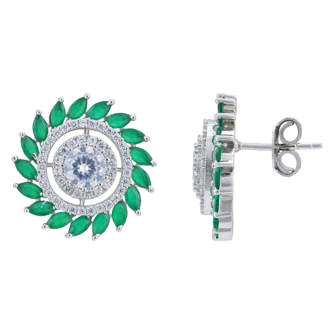 925 Sterling Silver Floral Starburst Green Accents Earrings for Women