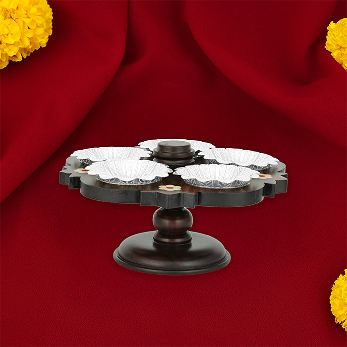 925 Sterling Silver Floral panchapali Set With Rosewood Stand For Rituals