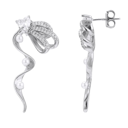 925 Sterling Silver Flowing Wave Design Rhodium Plated Pearl Cascade Curved Swirl Earrings for Women