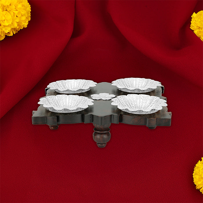 925 Sterling Silver Four Floral Pattern Bowl Rosewood Base  For Pooja