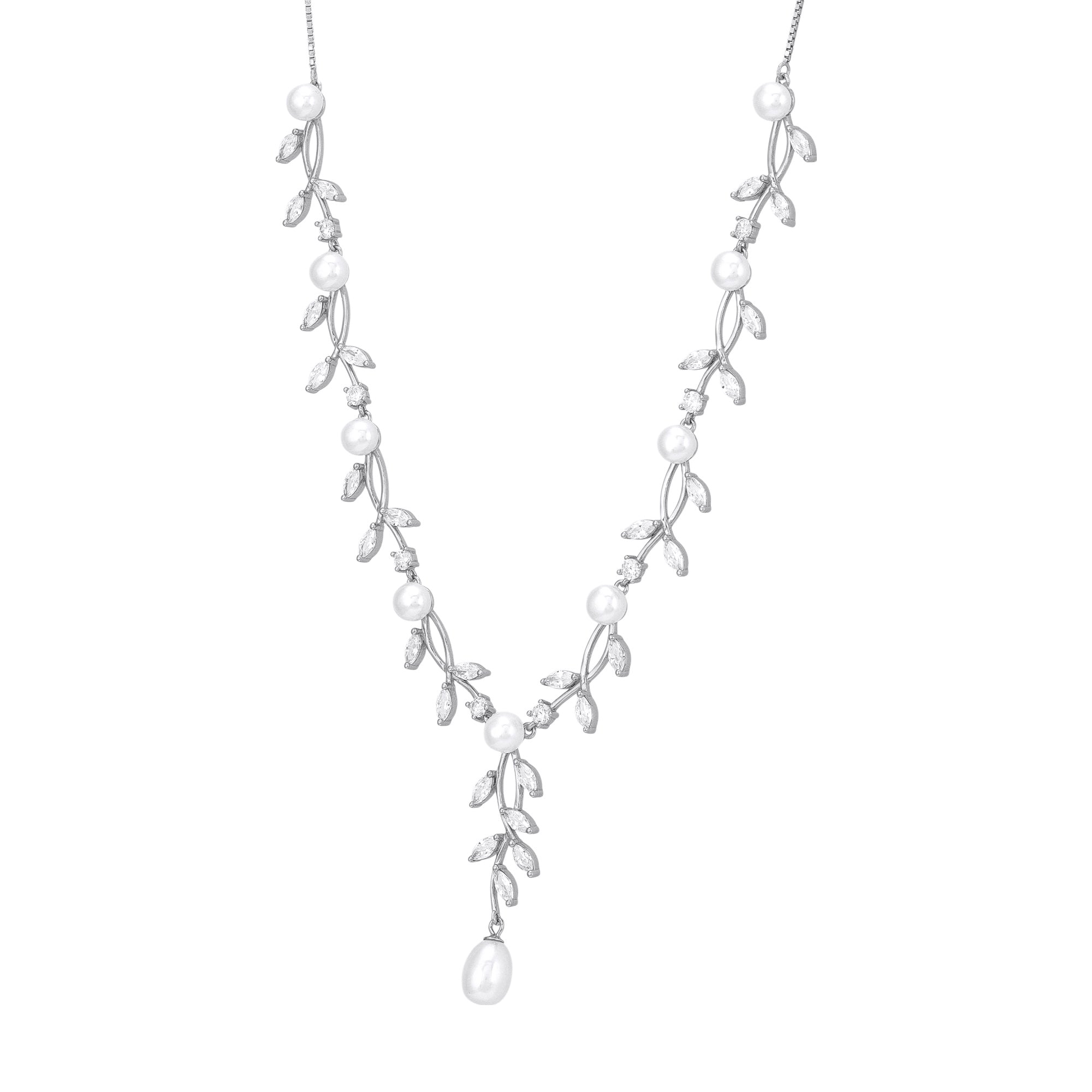 925 Sterling Silver Frosted Vine Pearl Leaf Sprigs Necklace for Women 
