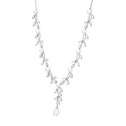 925 Sterling Silver Frosted Vine Pearl Leaf Sprigs Necklace for Women 
