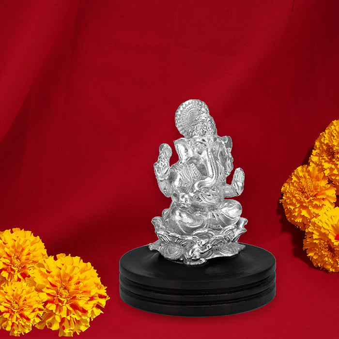 925 Sterling Silver Ganesha Idol With Rosewood Stand For Poo