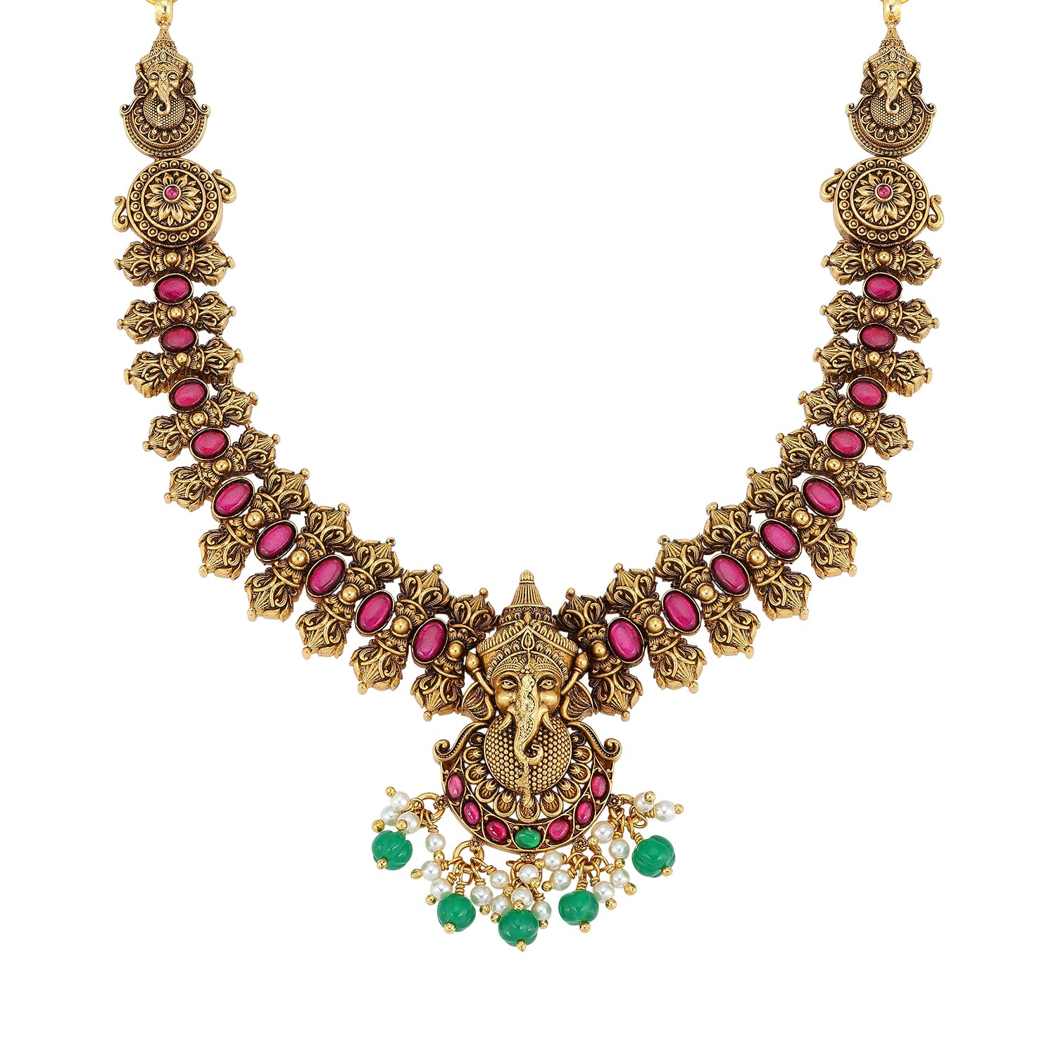925 Sterling Silver Ganesha Pink Green Necklace for Women