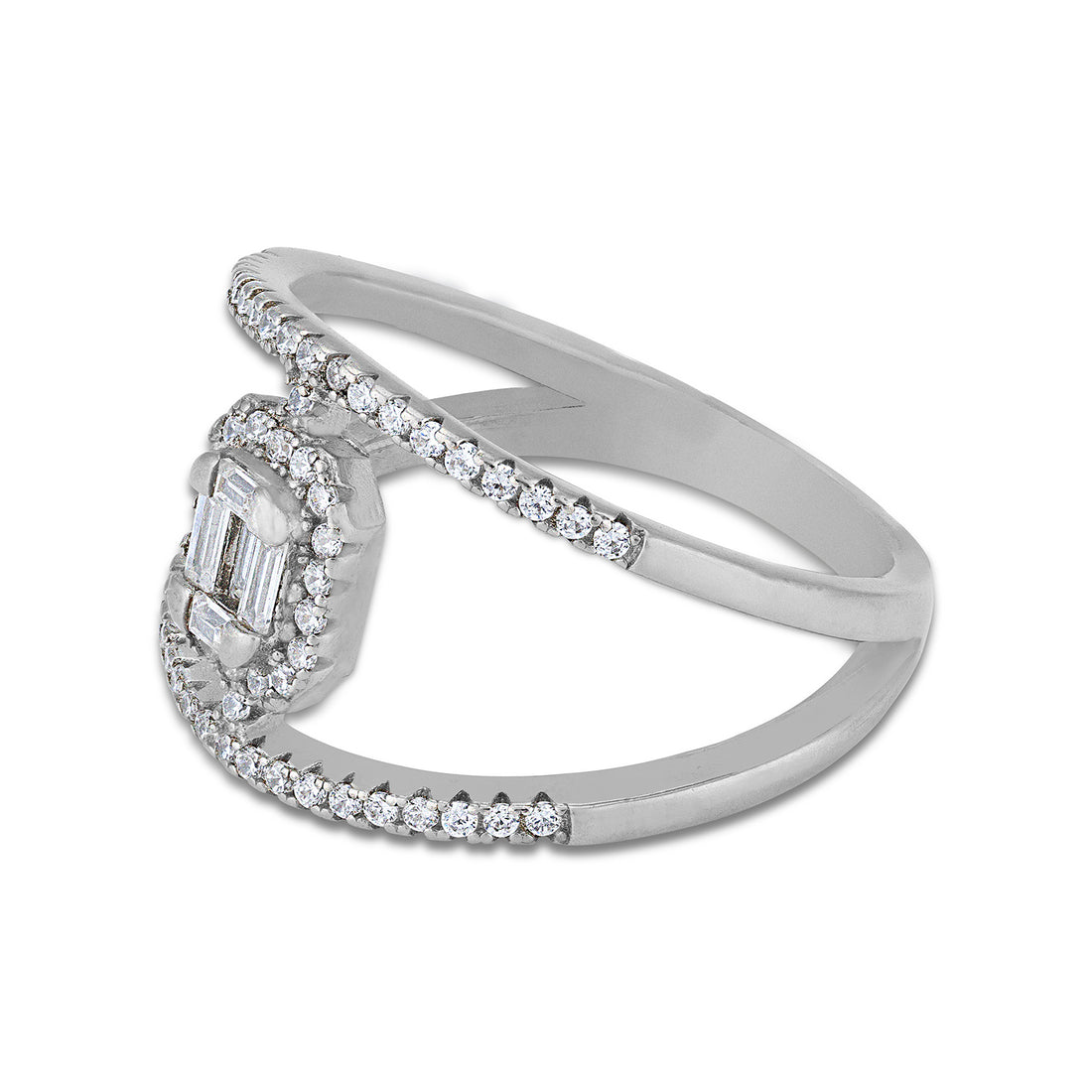 925 Sterling Silver Geometric Baguette-Cut Halo Diamond Band Rhodium Plated Ring for Women