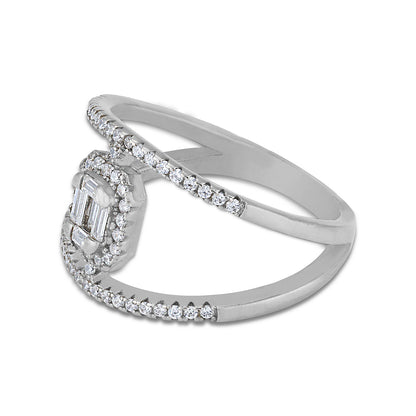 925 Sterling Silver Geometric Baguette-Cut Halo Diamond Band Rhodium Plated Ring for Women