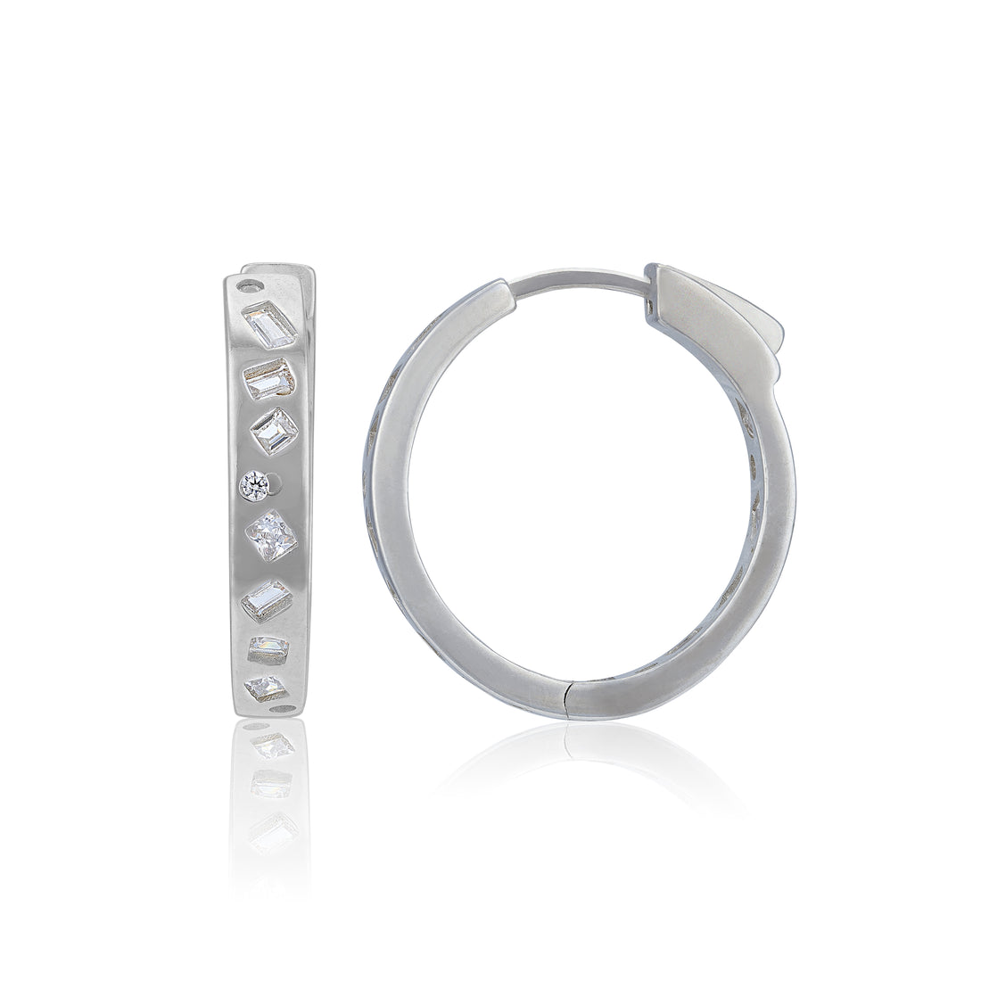 925 Sterling Silver Geometric Diamond Cut Hoop Rhodium Plated Earrings for Women