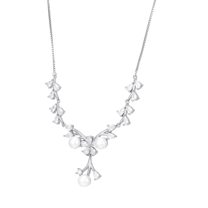 925 Sterling Silver Glacial Petal Cascade Twin Pearls Dangling Necklace for Women