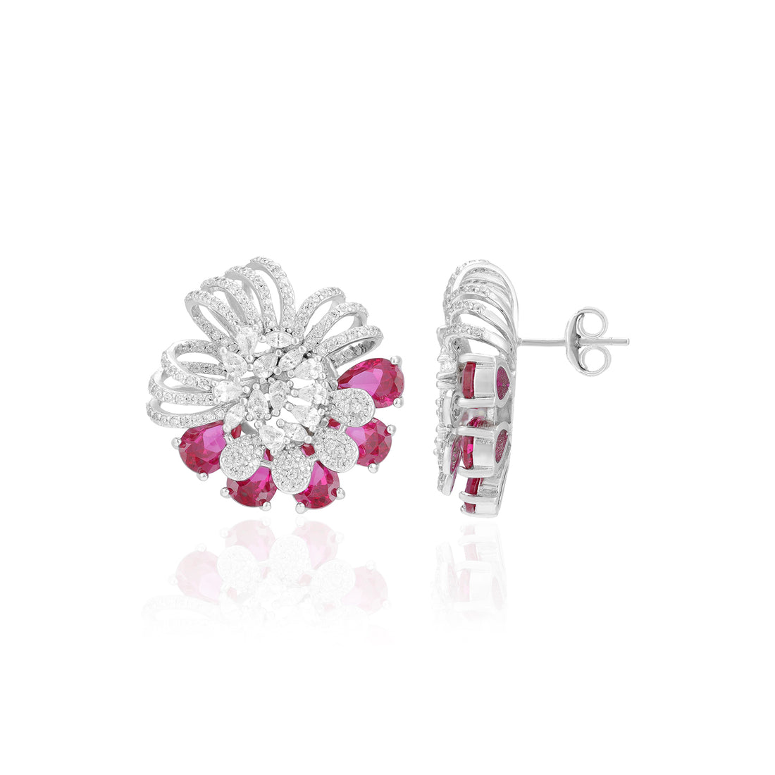 Sterling Silver Glitter Curves Pink Petals Rhodium Plated Earrings For Women