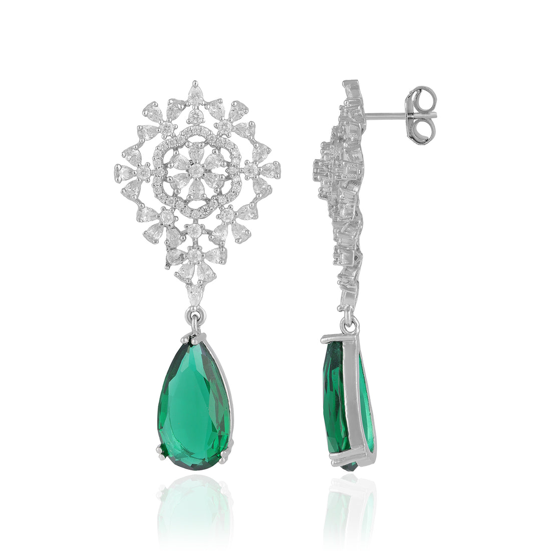 925 Sterling Silver Glittering Floral Green Drop Rhodium Plated Earrings for Women