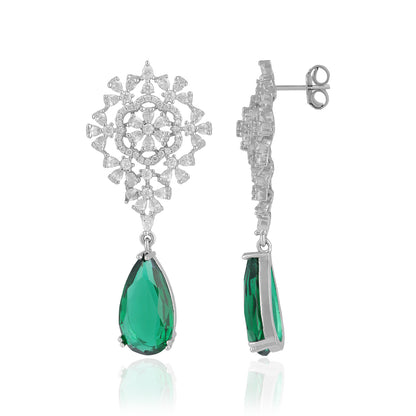 925 Sterling Silver Glittering Floral Green Drop Rhodium Plated Earrings for Women
