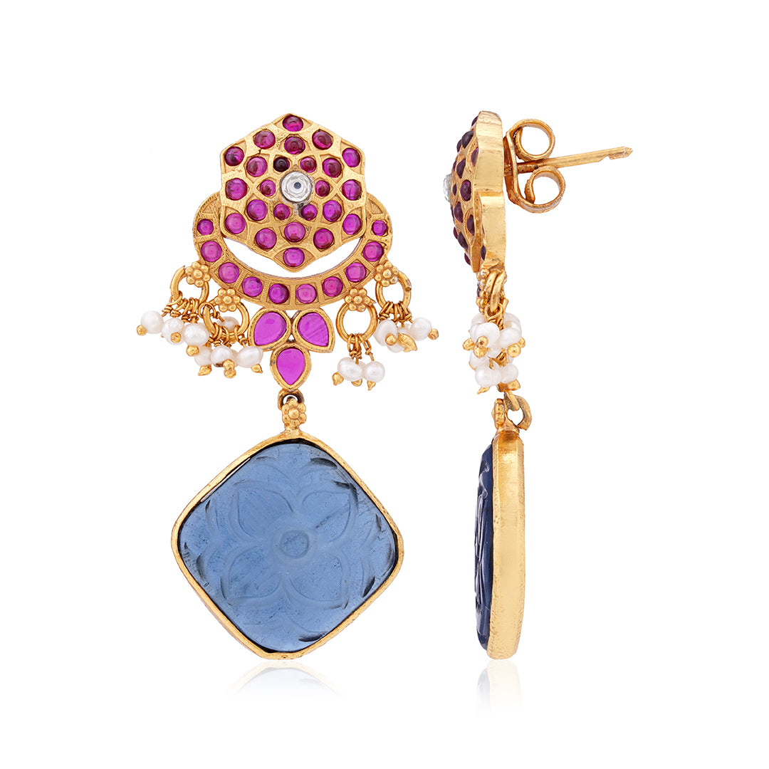 Sterling Silver Gold Plated Blue Squartz Red Stone Earring