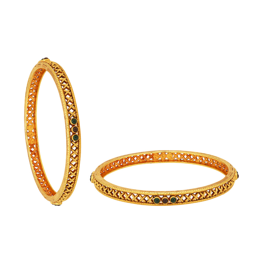925 Sterling Silver Gold Plated Cross Pattern Green Stoned Bangles For Women