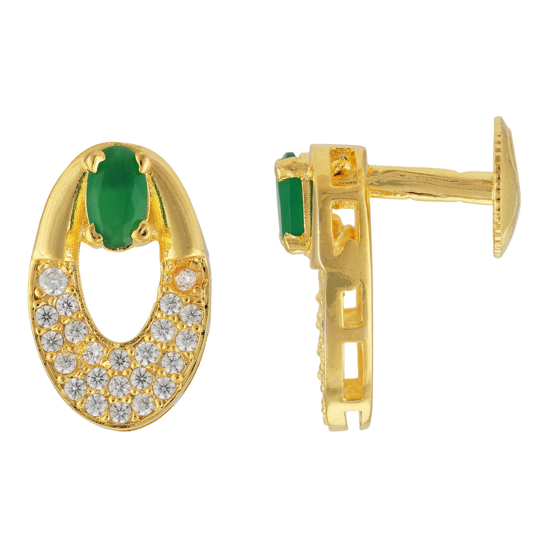 Sterling Silver Gold Plated Green Oval Studded Hoop Earrings For Women