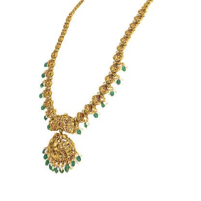925 Sterling Silver Gold Plated Lakshmi Mayur Green Bead Haram for Women