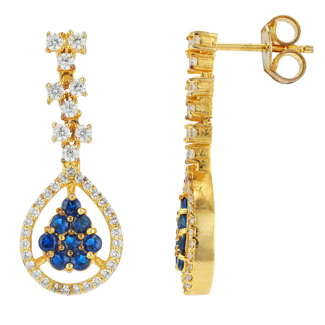 925 Sterling Silver Gold Plated Modern Tear-Shaped Blue Center Stone Earrings for Women