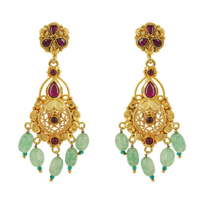 925 Sterling Silver Gold Plated Traditional Manga Green Beads Drop Earrings For Women