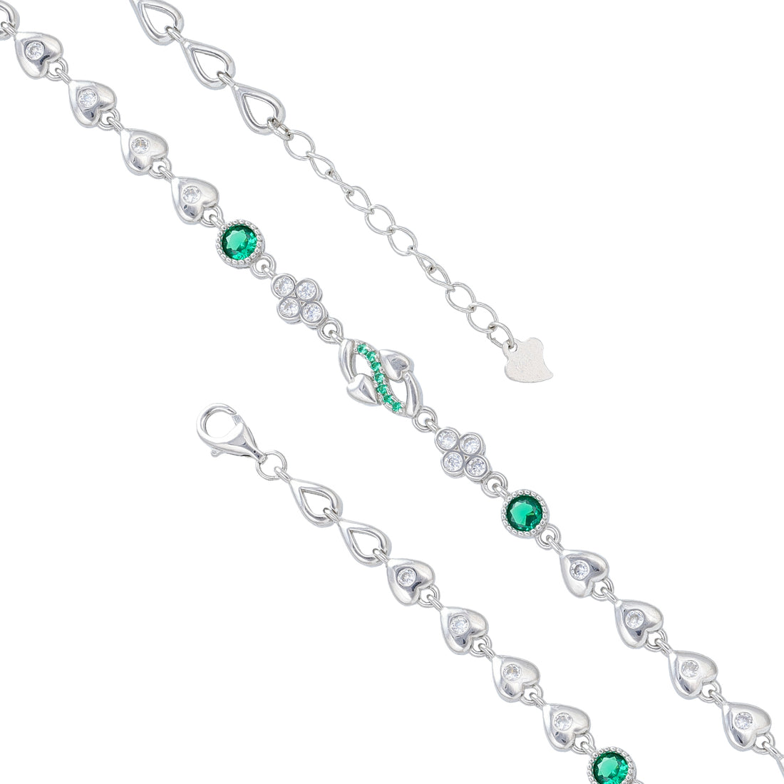 Sterling Silver Green Heart &amp; Clover Motif Rhodium Plated Bracelet