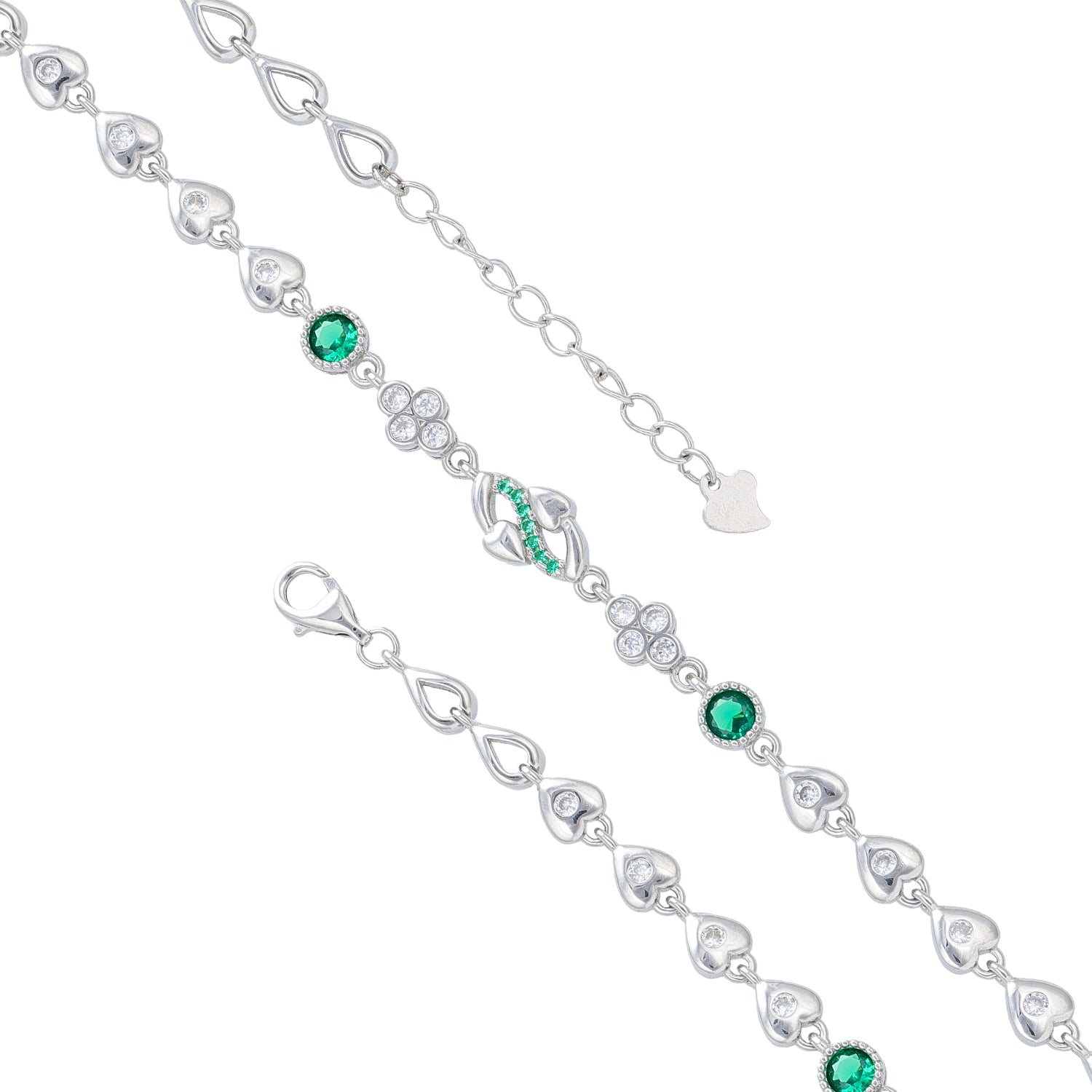Sterling Silver Green Heart &amp; Clover Motif Rhodium Plated Bracelet