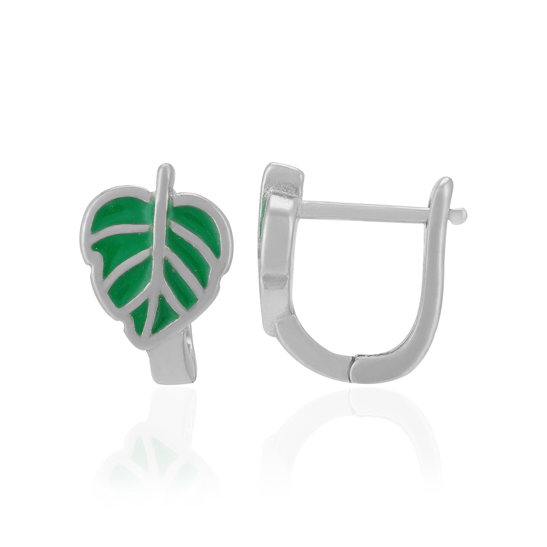 Sterling Silver Green Leaf Charm Rhodium Plated Earrings For Women