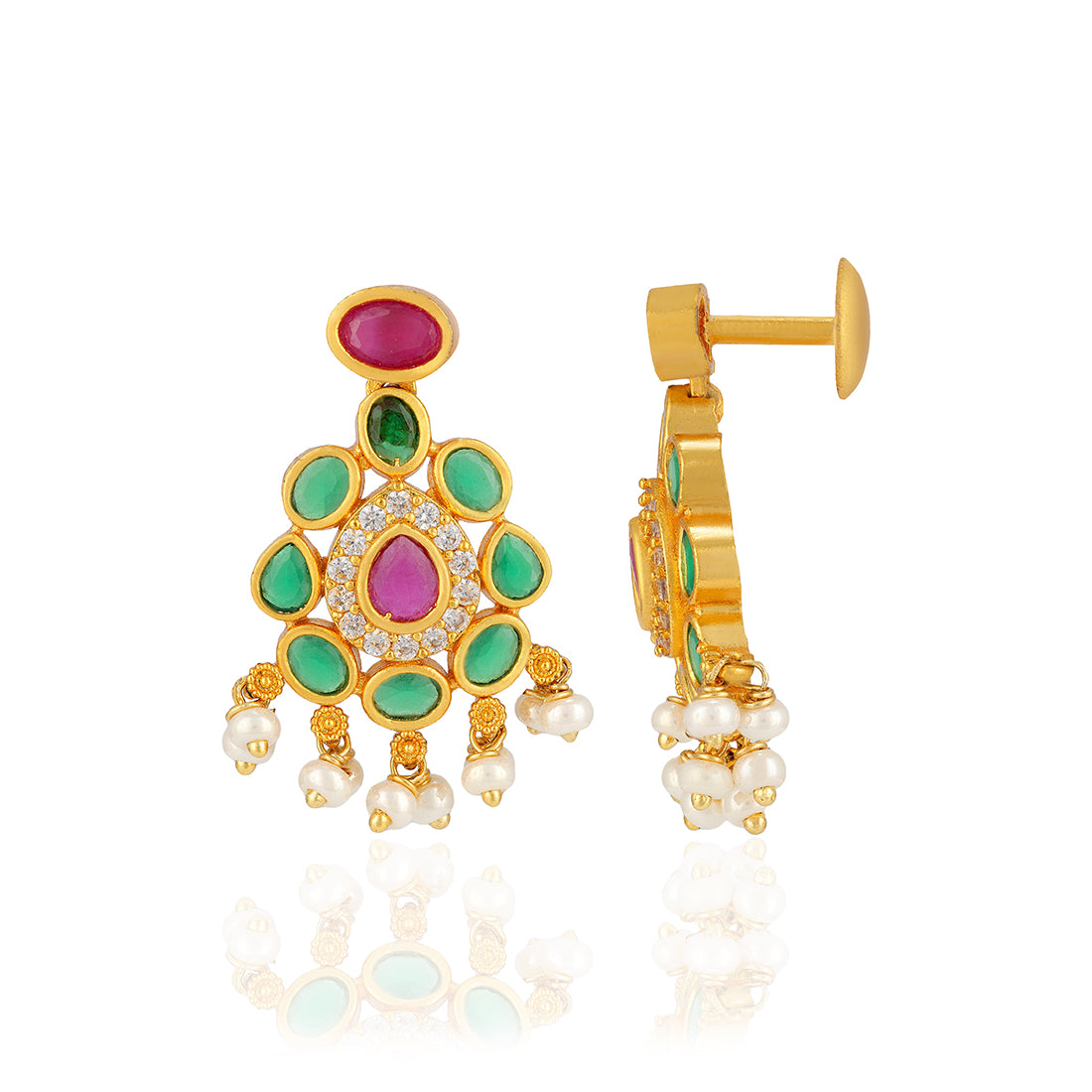 925 Sterling Silver Green Pear Shaped Red Centered Gold Plated Earrings for Women