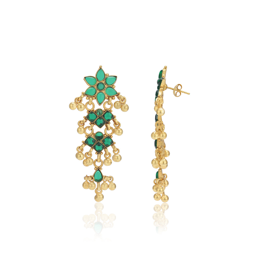 Sterling Silver Green Stone Floral Cascade Gold Danglers Earrings For Women