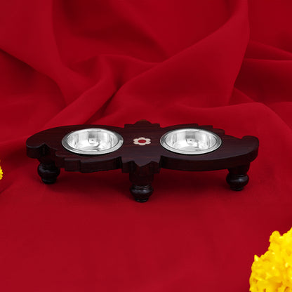 925 Sterling Silver Haldi Kumkum Box Set With Rosewood Base For Pooja