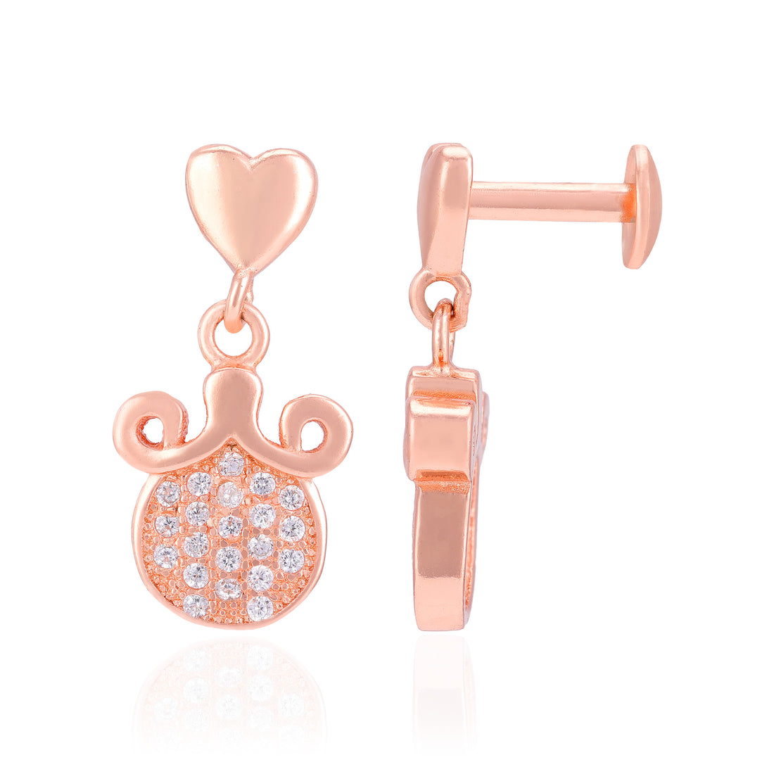Sterling Silver Heart Top Curved Crown Drop Rose Gold Plated Earrings For Women